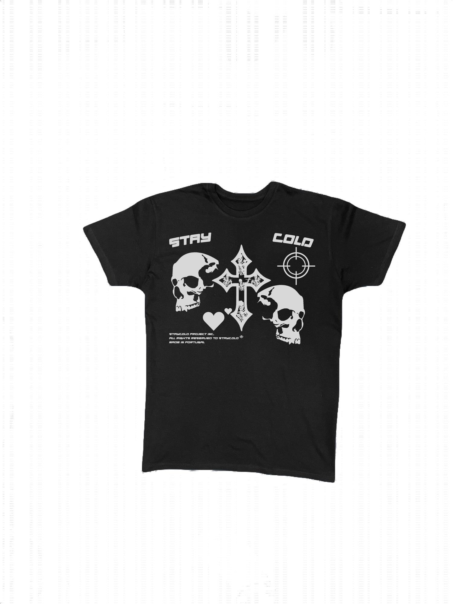 Black "Reality" t-shirt with gray screen-printed Staycold Project logo on chest — front view
